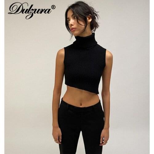Dulzura Stripe Knitted High Neck Irregular Tanks Crop Top Bodycon Sexy Streetwear Party Club Elegant 2021 Autumn Winter Clothes