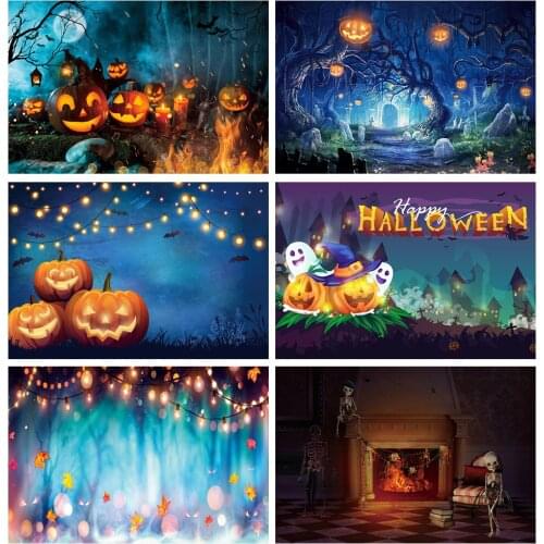 Halloween Backdrop Photography Fire Pumpkin Grimace Autumn Dark Night Scene Kids Shoot Photo Background Photocall Photo Studio