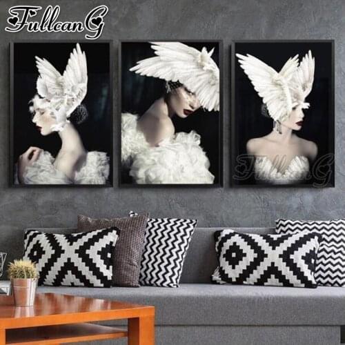 FULLCANG 5d diy diamond embroidery black white women pigeon wings hat abstract diamond painting triptych full drill decor FC2227