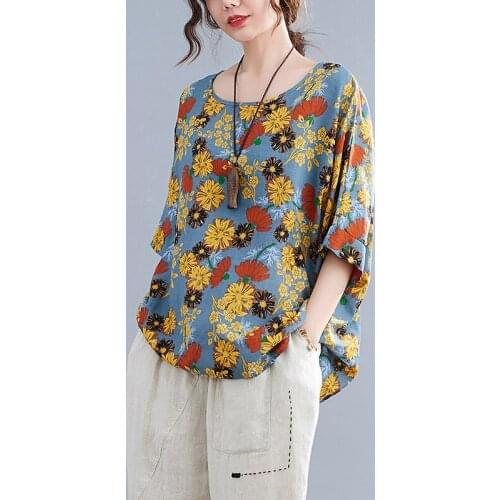 Batwing Sleeve Loose Womens Tops Summer T Shirts Thin Soft Cotton Print Floral Vintage T Shirt Holiday Travel Casual T-shirt