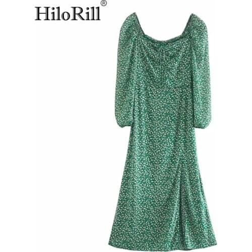 HiloRill 2021 Women A Line Printed Midi Dress Bow Tie Boho Split Party Dress Suqare Collar Long Sleeve Retro Ladies Dresses