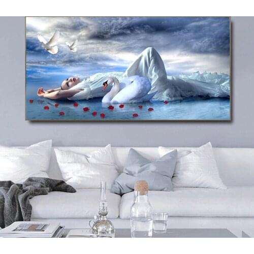 Beautiful Landscape Painting Painting Beauty and White Swan Living Room Printing Canvas Oil Painting Decorative Painting Porch