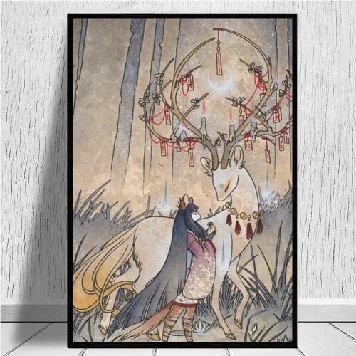 Canvas Painting Wall Art Poster Home Decoration Cartoon The-Kitsune Deer Yokai Printmaking Living Room Poster HD Canvas Painting