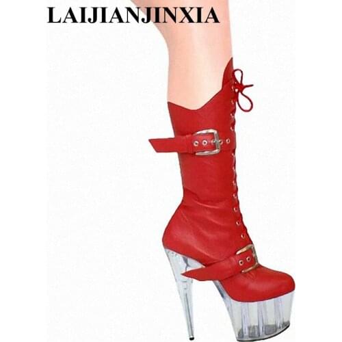 LAIJIANJINXIA 15cm sexy ladies buckle PU leather knee high boots winter 6 inch platform high heel boots for women Dance Shoes