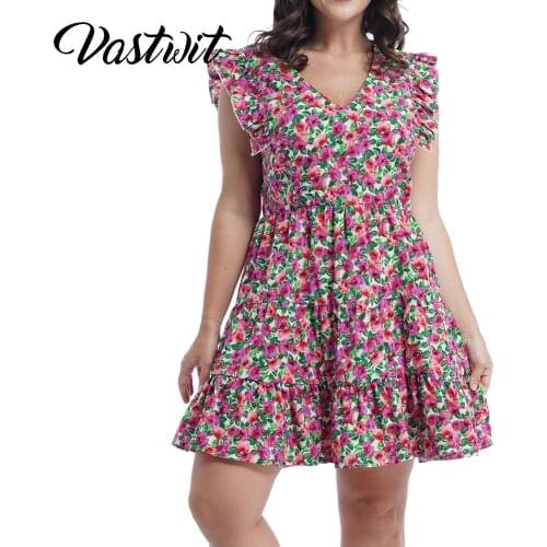 Fashion Womens Dresses Summer Bohemian Floral Printed Ruffle Hem Short Flying Sleeve V-Neck Beach Mini Dress