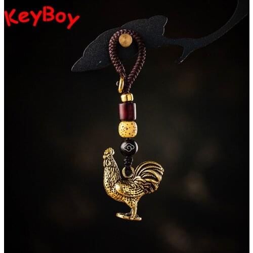 Brass Zodiac Chicken Keyring Men Car Key Chain Pendant Feng Shui Jewelry Retro Copper Animal Rope Keychain Hanging Children Gift