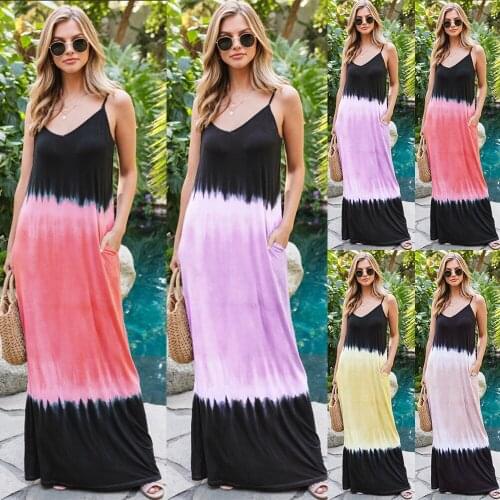 Dresses Woman Summer 2021 Simple Elegant V-neck Sexy Slit Suspender Skirt Gradient Summer Beach Style Womens Midi Dress