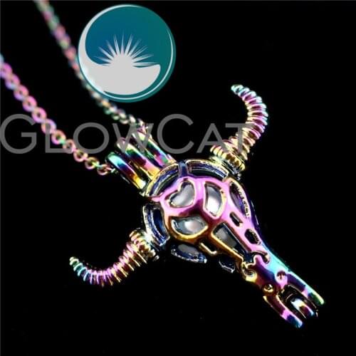 R-C44 Rainbow Color Animal Cow Head Beads Cage Pendant Perfume Diffuser Aromatherapy Pearl Cage Locket Necklace