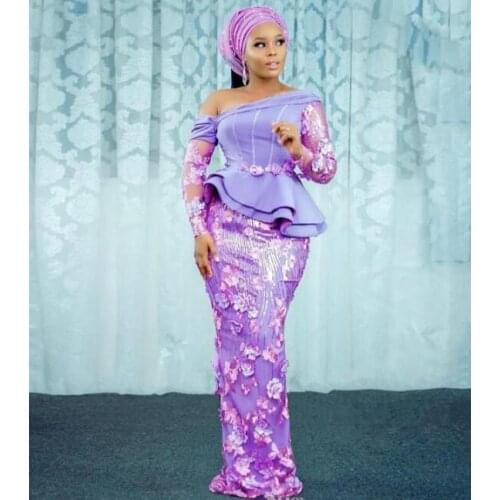 Lilac Aso Ebi South African Evening Dresses Sheath Long Sleeves Flowers Nigeria Saudi Arabic Evening Gown Prom Dresses