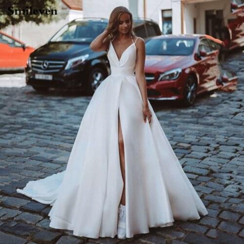 Smileven Modern Satin Princess Wedding Dresses Spaghetti Straps Sexy Side Split Bridal Gowns Long Train Backless Wedding Gowns