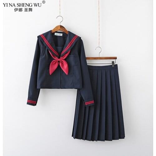 Navy Blue Japanese School JK Uniforms Sailor Suit Top Pleated Skirt Suit for Girl Student Cosplay Clothes Women Shop Long Sleeve