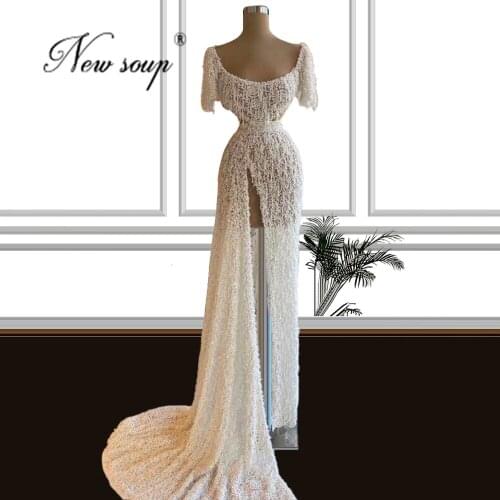 High Split Side Evening Dresses 2021 Dubai Beaded Tassel Illusion Prom Dress Party Night Middel East Formal Celebrity Gowns Robe