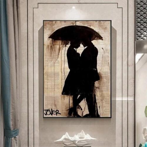 Vintage Abstract Couple Holding Umbrella Canvas Painting Retro Posters Cuadros Wall Art for Living Room Home Decor (No Frame)