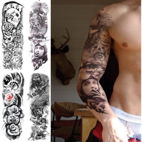 Soldier Fighting Temporary Tattoos Full Arm For Men Women Adult Ship Compas Skull Fake Tattoo Sleeves Water Tone Super Big Tatoo