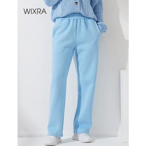 Wixra Womens Fleece Thick Pants Casual Elastic Waist Solid Basic Pockets Wide Leg Trousers 2021 Autumn Winter New Hot