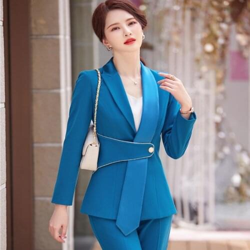 Plus Size 5XL Elegant Blue Ladies Office Work Wear Blazers Suits High Quality Fabric Autumn Winter Professional OL Pantsuits