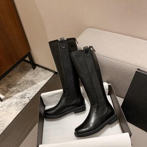 2021 Hot Sale Genuine Leather Motorcycle Boots Ladies Flat Platform Shoes Round Toe Autumn Winter Knee High Boots Women