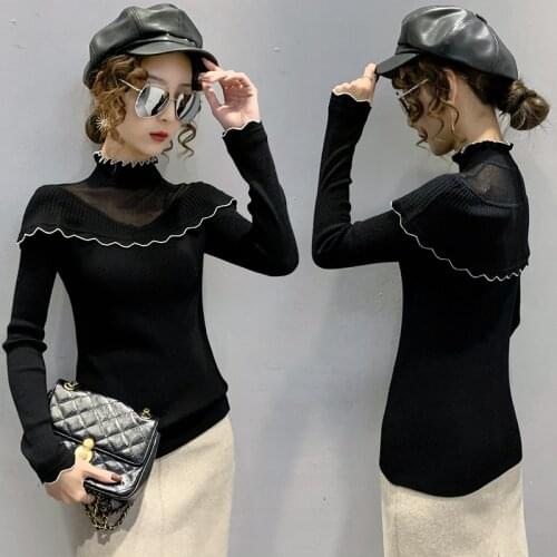 2021 Spring Lace Hollow Out Fashion Knitting Women Clothing Half High Collar Base Slim Long Sleeve Top Western Style Female Knit