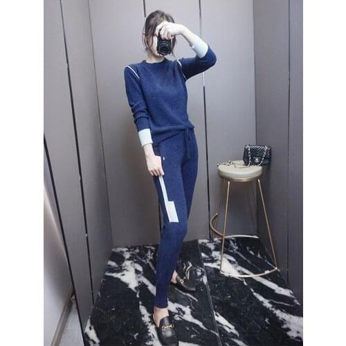 2020 Drawstring O-neck Full Of Women Suit New Hit Color Cashmere Sweaters And Casual Pants Fashion Warm Knit Two-piece