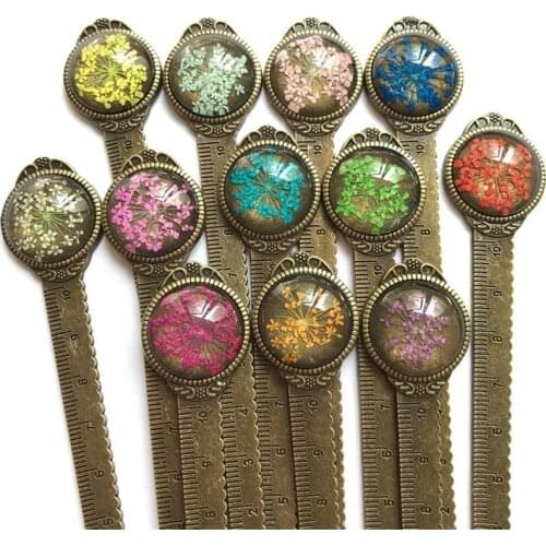 1 Pcs Creative Retro Bronze Round Bookmark 10cm Ruler Vintage Metal Colorful Flower Glass Gems As Book Page Marker