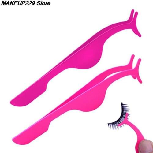 1pc Pink Plastic Eyelash Tweezers Clip Applicator Flat False Eyelashes Extension Curler Clamps Beauty Makeup Tools
