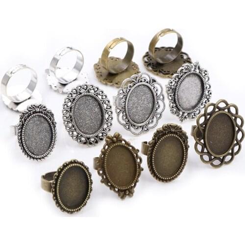 13x18mm 5pcs Antique Silver Plated And Bronze Plated Brass Oval Adjustable Ring Settings Blank/Base,Fit 13x18mm Glass Cabochons