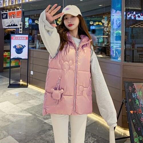 2021 Womens Shiny Autumn Winter Puffer Vest Solid Plus Size Casual Ladies Sleeveless Jacket Zipper Hooded Waistcoat for Female