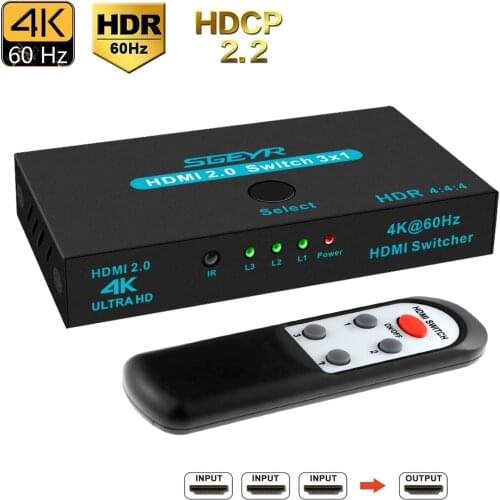 4K@60Hz HDMI Switch SGEYR 3-Port HDMI Switcher 3 in 1 Out Selector Supports 4K 3D HDCP2.2 HDMI 2.0 HDR Switch for HDTV PC