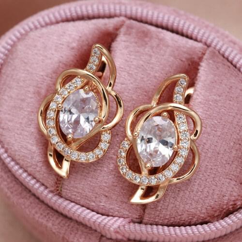 585 Rose Gold Zircon Earrings Heart & Arrow Stones CZ Rose Carve Piercing Loops Drop Earrings Party Jewelry Fine Wedding Earring