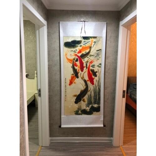Large HOME LIVING ROOM hall lobby company TOP Decor art FENG SHUI Good luck bring wealth 9 Goldfishs china silk painting