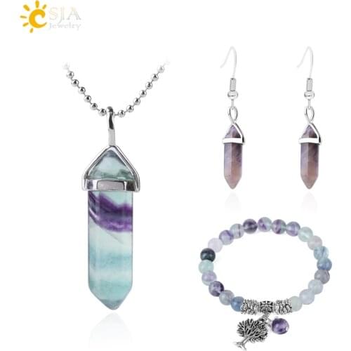 CSJA Natural Stone Jewelry Set for Women Men Fluorite Bracelet Hexagonal Bullet Shape Necklace Purple Crystal Earring Gift F644