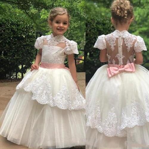 Flower Girl Dresses High Neck Lace Tulle Floor Length Girls Pageant Dresses For Wedding Party First Communion Gown