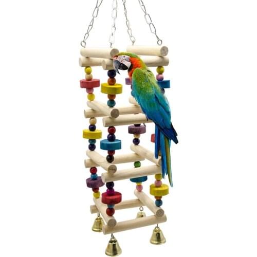 Wooden Bird Parrot Swing Ladder Toys Hanging Bird Chewing Climbing Stand Perch with Bell Playground Colorful Bite Blocks Toy C42