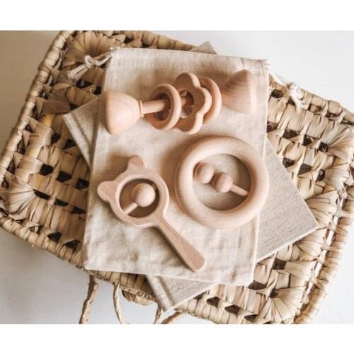 Baby Beech Wooden Rattle Teethers Montessori Toys Nursing Gym Wood Newborn Baby Gift Teething Soothing