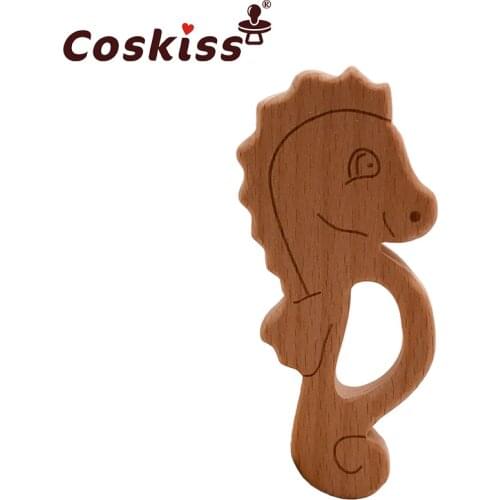 Coskiss Baby Wooden Teether Beech Wood Cartoon Hippocampus Teething Toys Montessori Inspired Nursing Pendant Baby Teether