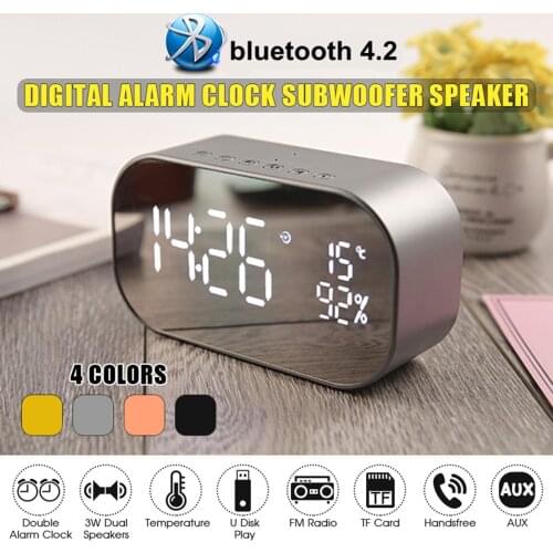 Dual Wireless bluetooth Speaker LED Display Mirror Alarm Clock FM Radio