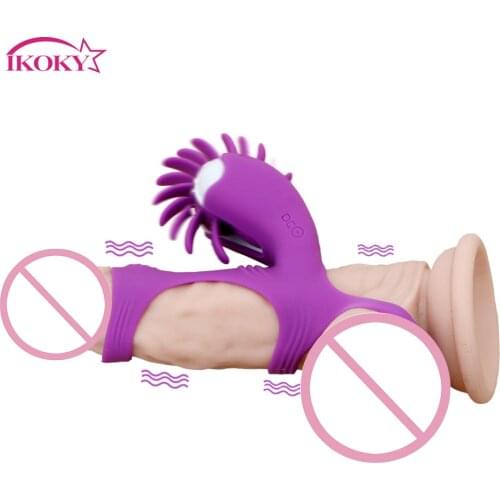 IKOKY Penis Silicone Ring Clitoris Stimulator Sex Toy for Couples Penis Vibrating Ring Oral Sex Licking Vibrator Rotation Tongue