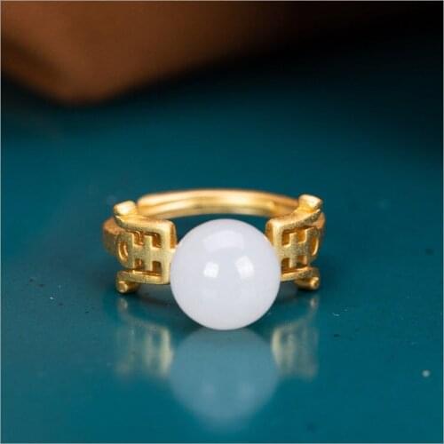 S925 Sterling Silver Inlaid Natural Hetian White Jade Ring Vintage Personality High-End Hollow Pattern Ring Ornament Womens