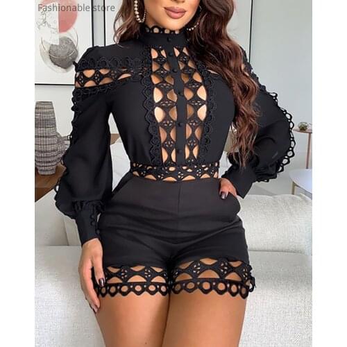 Lace Hollow Out Design Romper Lace Patchwork Long Sleeve Playsuits White Black Women Short Jumpsuits