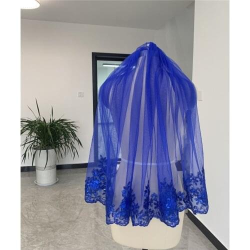 Short Royal Blue Bridal Veil with Comb Sequins Lace edge Tulle Vintage Wedding Veils Accessories Cathedral Long for Brides