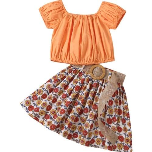 Summer Girls Clothing Sets Short-Sleeved Short Skirt 2021 Fashion Solid Color Short Sleeve Printed Short Skirt with Waistband