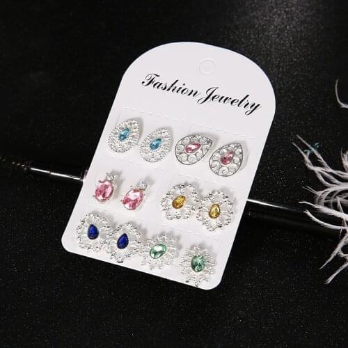 Fashion Multicolored Flower Crystal Stud Earring Set for Woman Hollowing Ear Clip Jewelry Party Accessories Gifts Bijoux