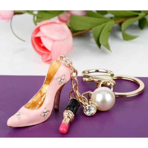MQCHUN High Heel Crystal Pearls Lipstick Keychains Shoe Keyring Charm Handbag key holder Bag Pendant Jewelry for Women Girl-50