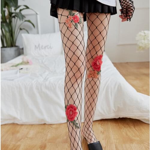NEW Fashion Women Lady Fishnet Mesh Tights Sweet Pantyhose Black &White Embroidery Floral Pineiphone Tights