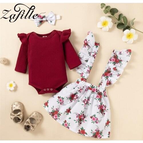 ZAFILLE 2021 New Autumn Baby Girl Clothes Set Ruffle Baby Romper Bodysuit+Suspender Skirts 3pcs Toddler Kids Girls Dress Outfits