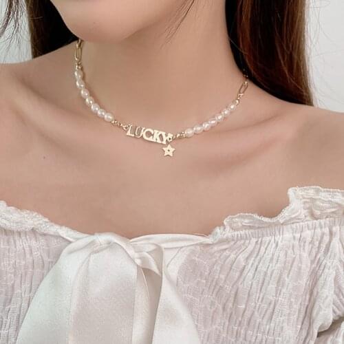 Huge Bud Luxury Pearl Lucky Letter Necklace for Women Star Pendant Chain Choker Necklace Fashion Freshwater Pearl Jewelry Gifts