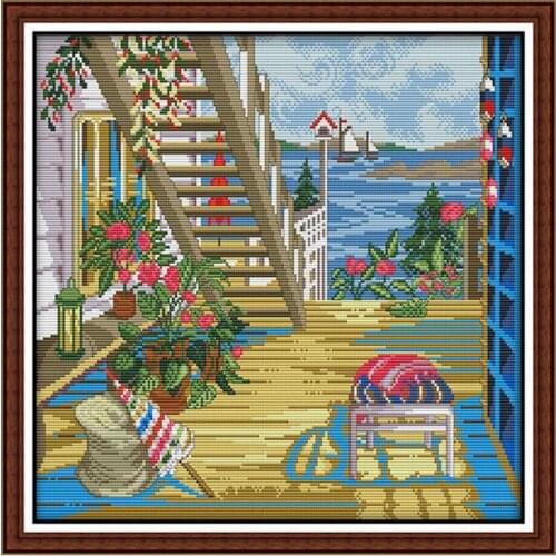 The seaside villa counted 11CT 14CT Cross Stitch Set DIY DMC The sea scenery Cross-stitch gift Embroidery Needlework Home Decor
