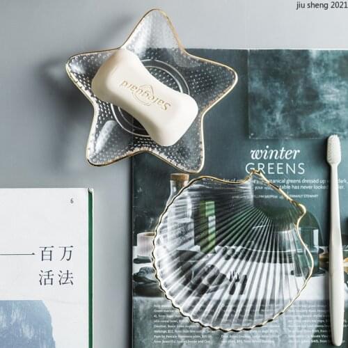 European Style Glass Gold Soap Box Creative Bathroom Transparent Glass Shell Starfish Soap Dish Bathroom Decoration Accessories