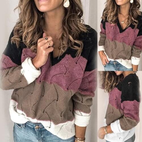 2020 Women Autumn Winter V Neck Long Sleeve Color Block Knitted Sweater Hollow Womens Clothing свитер женский pull femme