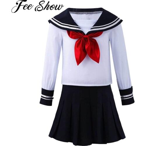Kids Girls Japanese School Uniform Long Sleeve Top Pleated Skirt Stage Performance Outfits Children Cosplay Student Costumes